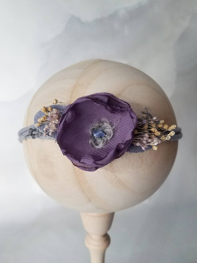 Newborn Rustic Floral Headband Purple Flower Baby Girl Tieback Violet Mauve Natural BabyShower Gift Fall Summer Spring Toddler Photo Prop 36