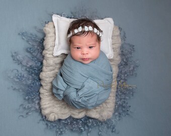 Mohair Velvet Bow BOHO Newborn Halo Baby Crown Headband Rustic Blue Tieback Girl Toddler Neutral Easter Natural Spring Summer Photo Prop