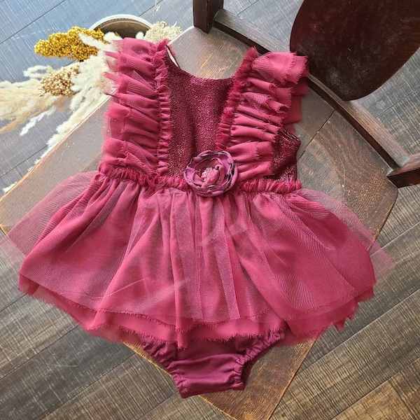 BOHO Christmas Girl Dress Romper Tunic Vintage Cake Smash Outfit Red Beaded Burgundy Toddler Baby Photo Session Shoot Photography