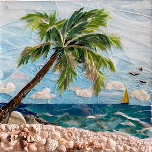 Beach palm tree mosaic/glass mosaic/mixed media art/beach scene/stained glass palm tree