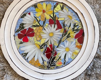 mosaic flowers wall decor/stained glass floral mosaic art/framed circular mosaic/bright summer flowers mosaic