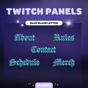 PAINÉIS TWITCH com letras pretas cromadas azuis | Carta Negra | Escrita Gótica | Flâmula | Contração muscular | Ativos de streaming