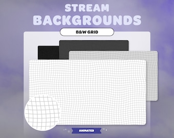 Puede incluir: Fondos animados para streaming con un patrón de cuadrícula en blanco y negro. El texto "B&W GRID" y "ANIMATED" es visible en la imagen.