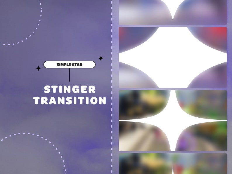Peut inclure: Un effet de transition simple en forme d'&eacute;toile avec une &eacute;toile blanche au centre et un arri&egrave;re-plan flou. Le texte "SIMPLE STAR STINGER TRANSITION" est affich&eacute; sur le c&ocirc;t&eacute; gauche de l'image.