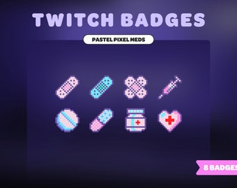 Pastel Pixel Meds TWITCH BADGES | Pink Blue Purple | Sub Badges | Bit Badges | Y2K | 8 Bit Pixel Art | Bandage, Pill, Heart, Syringe