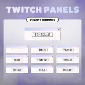 Könnte beinhalten: Ein Satz von neun pastellfarbenen Twitch-Panels mit abgerundeten Ecken und einem weißen Rand. Die Panels sind mit "Schedule", "Donate", "YouTube", "About", "Facebook", "Contact", "Socials", "Setup" und "Wishlist" beschriftet. Die Panels sind in einem Raster auf einem hellvioletten Hintergrund angeordnet.