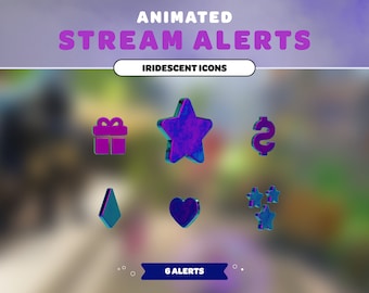 May include: Six animated iridescent icons for stream alerts. The icons include a gift box, a star, a dollar sign, a diamond, a heart, and three stars.