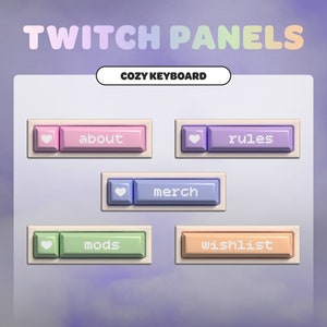Peut inclure: Cinq boutons de couleur pastel avec des cœurs blancs et du texte indiquant "about", "rules", "merch", "mods" et "wishlist". Les boutons sont disposés en grille sur un fond blanc avec un dégradé violet clair.