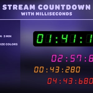 Puede incluir: Un temporizador de cuenta atrás digital con números verdes, rosas, naranjas y rojos. El temporizador muestra minutos, segundos y milisegundos. El texto "STREAM COUNTDOWN WITH MILLISECONDS" está en la parte superior de la imagen. El texto "5 MIN - 3 MIN CUSTOMIZE COLORS" está en el lado izquierdo de la imagen.