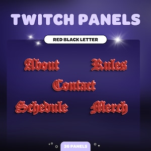 PAINÉIS TWITCH com letras pretas cromadas vermelhas | Carta Negra | Escrita Gótica | Flâmula | Contração muscular | Ativos de streaming | Bonitinho