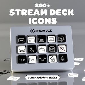 以下が含まれることがあります： 白のStream Deckに白黒のアイコンが並んでいます。アイコンにはDiscordのロゴ、月、フォルダ、マイク、再生ボタンなどがあります。画像には「800+ STREAM DECK ICONS」と「BLACK AND WHITE SET」のテキストが表示されています。