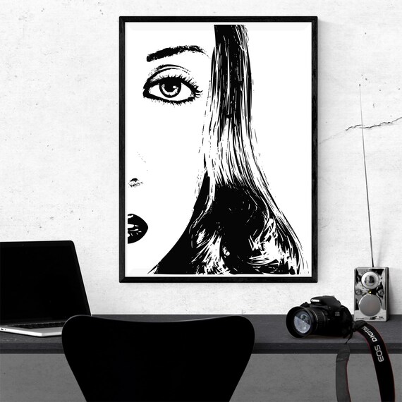 Lady Face Poster Lady Face Artwork Black And White Lady Etsy