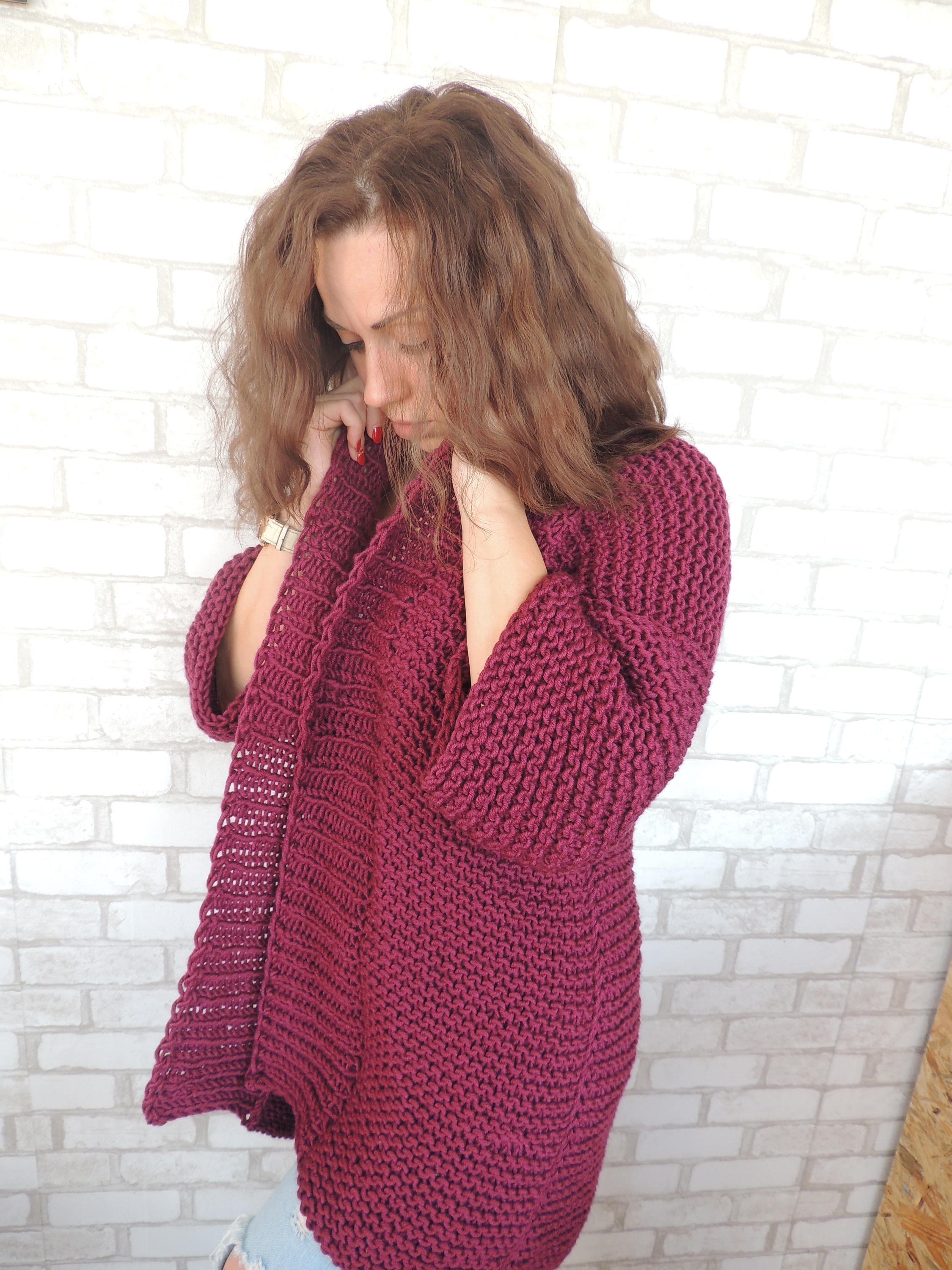 Burgundy knitted coat Women soft cardigan Chunky knit cloak | Etsy
