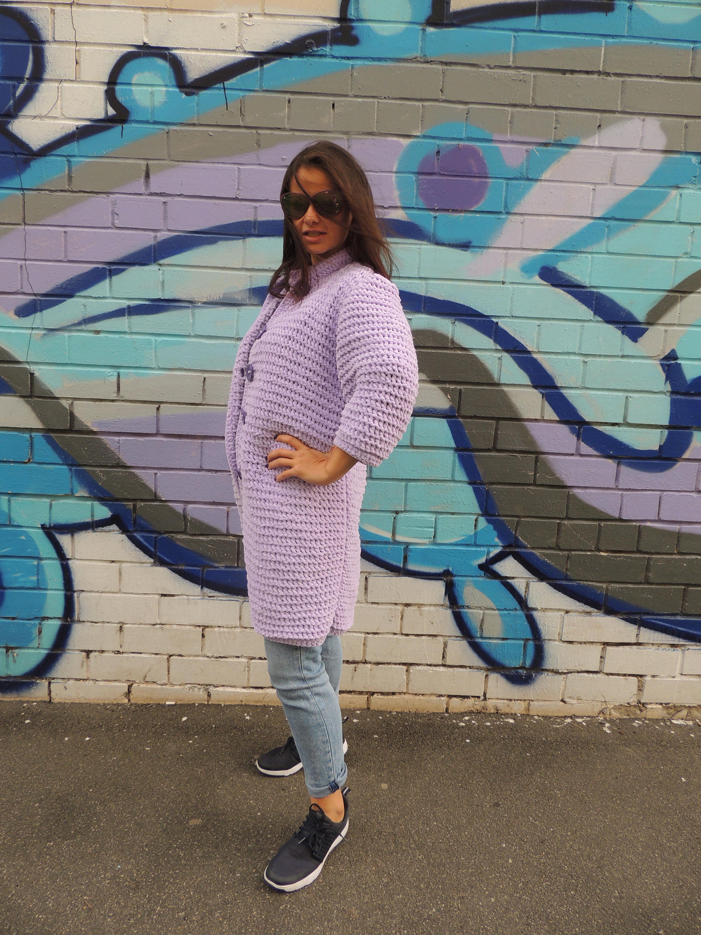 Lavender handknitted cardigan Pastel women overcoat Plush Etsy