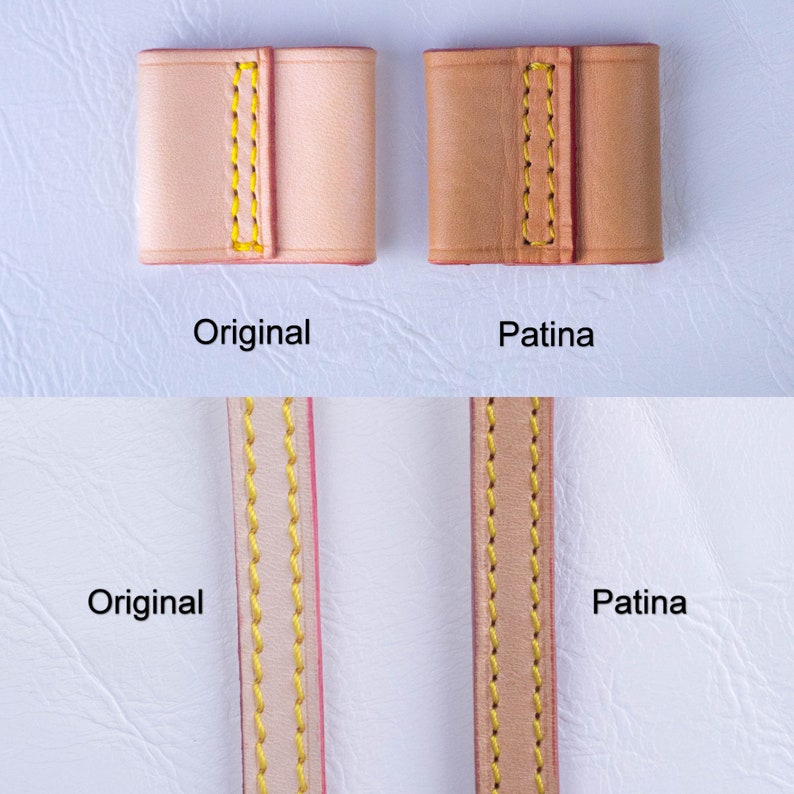 May include: Close-up of two leather squares, one in a light beige color and the other in a darker brown color. Both squares have yellow stitching and the words "Original" and "Patina" are written below each square. The bottom half of the image shows a close-up of two leather straps, one in a light beige color and the other in a darker brown color. Both straps have yellow stitching and the words "Original" and "Patina" are written below each strap.