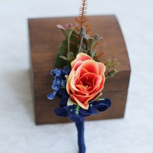 Wedding Blue Orange Navy Boutonniere for Groom and Guests – Prom Boutonniere with Pin Brooch Clip – Custom Colors Available