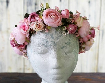 Pink flower crown Wedding flower crown rose Bridal flower crown Flower girl crown Maternity crown Peony flower crown Fairy crown woodland