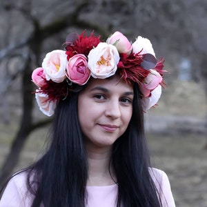 Burgundy Flower Crown for Wedding, Boho Floral Headpiece, Fall Maternity Halo, Prom Hair Wreath, Rustic Festival Hair Accessory