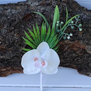 White Orchid Wrist Corsage and Boutonniere Set with Monstera Leaf – Tropical Wedding or Prom Artificial Flowers  Bridesmaids