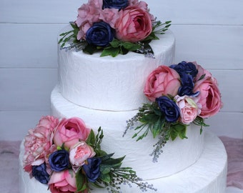 Adorno para tarta azul marino y rosa Adorno para tarta azul Adorno para tarta polvoriento Adorno para tarta floral Adorno para tarta de peonía Adorno para tarta boho Adorno para tarta de boda
