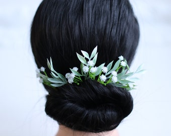 Babys breath hair greenery hair piece wedding bobby pins boho headpiece leaf headpiece flower hair pins bridal hair pins white hair pins