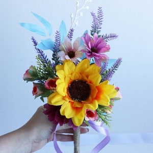 Ramo de girasol y lavanda: ramo de seda para dama de honor de boda