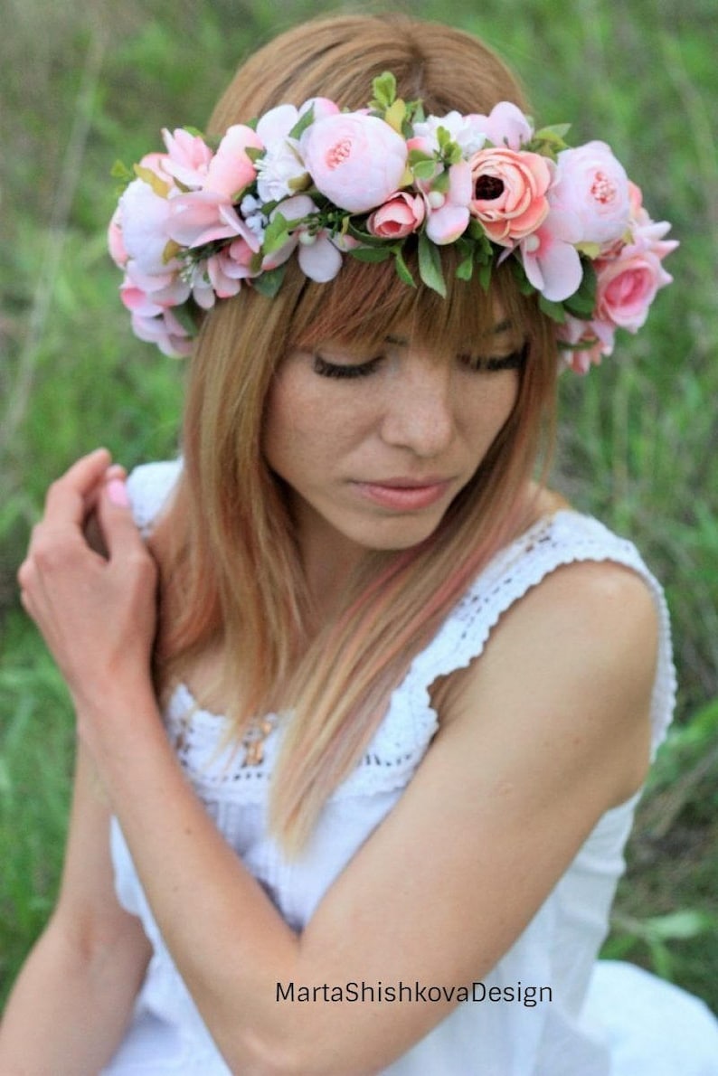 Flower wedding crown bride gently pink summer girl boho rustic