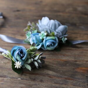 Blue Grey Rose Corsage & Boutonniere Set: Rustic Wedding Accessories