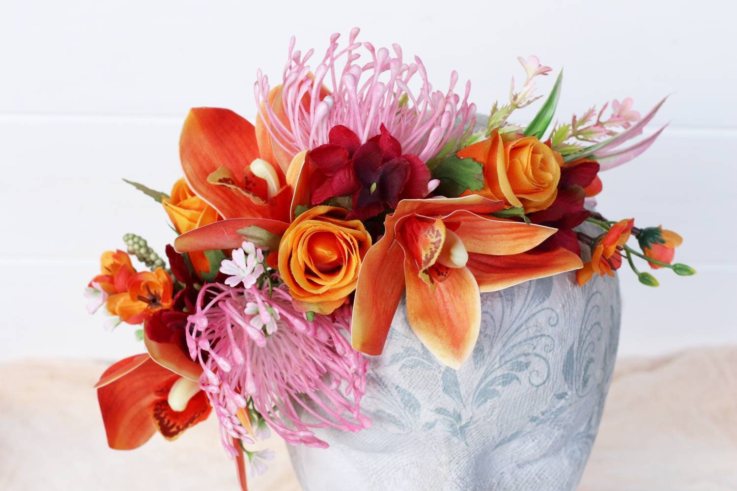 Flower Crown with peony and orchids  in orange shades Oversized Flower Crown of Orchids and Peonies - Etsy main image 2