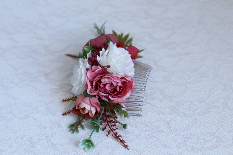 White burgundy red flower peonies comb the bridal bridesmaid flower crown Hair pieces peach greenery