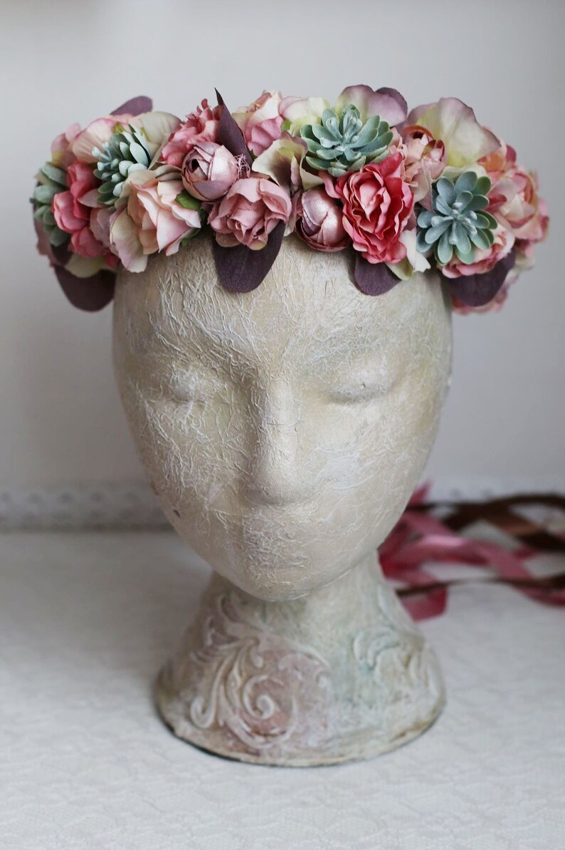 Succulent eucalyptus bridal flower crown burgundy dusty rose peonies hydrangea