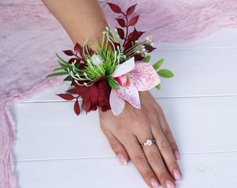 Orchid wrist corsage Prom wrist corsage Bridesmaid corsage Flower corsage Bridesmaids bracelet burgundy corsage thistle corsage
