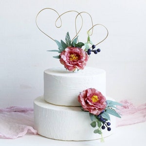Double Heart Wedding Cake Topper: Blush Roses & Gold Wire