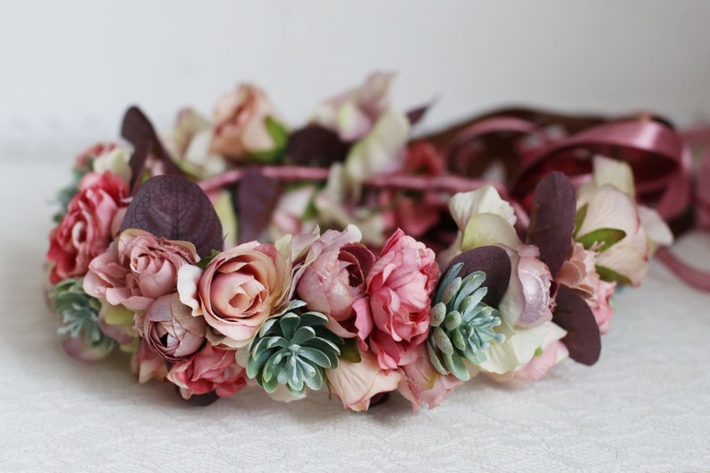 Succulent eucalyptus bridal flower crown burgundy dusty rose peonies hydrangea