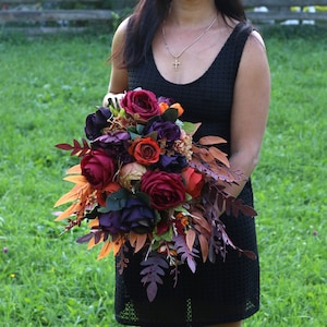 Burgundy Cascade Bouquet: Autumn Plum Wedding Flowers