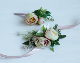 Corsage and Boutonniere Set – Peony Bridal Wrist Corsage  Men’s Pink Boutonniere Wedding, Prom, Ivory  Pink, Boho Rustic Faux Flowers