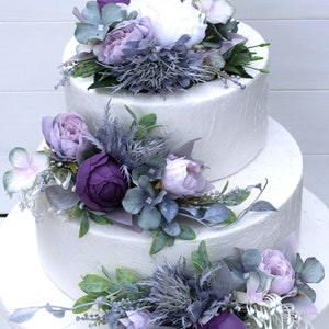 Purple Peony Cake Topper: Dusty Grey Lavender Wedding Flowers
