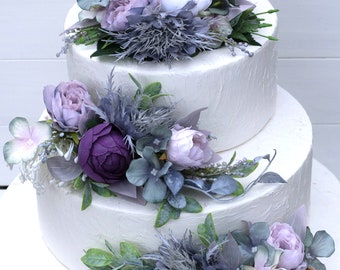 Purple Peony Cake Topper: Dusty Grey Lavender Wedding Flowers