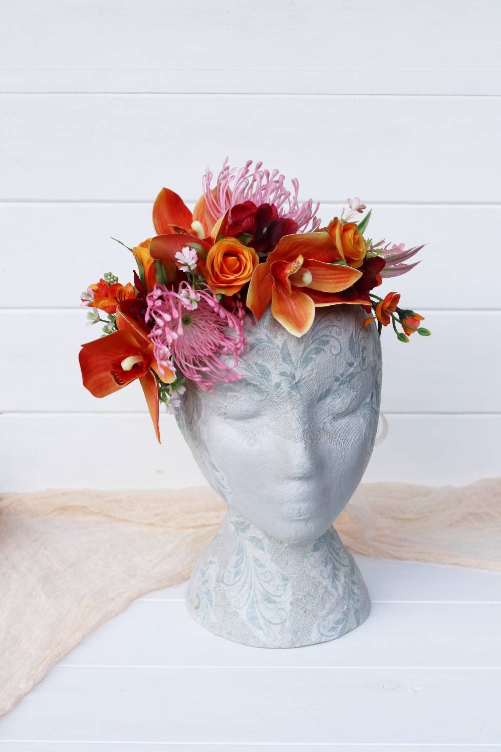Flower Crown with peony and orchids  in orange shades Oversized Flower Crown of Orchids and Peonies - Etsy main image 3
