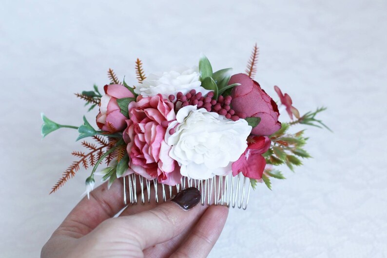 White burgundy red flower peonies comb the bridal bridesmaid flower crown Hair pieces peach greenery