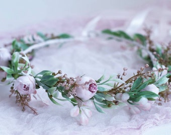 Peony Flower Crown: Bridal Pink & Greenery Wedding Headpiece