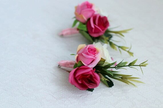 Ensemble Corsage Boutonnière Mariage Fleurs Rose Fushia Blanc Bal