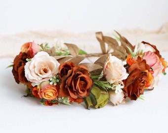 Gold flower crown fall flower crown eucalyptus crown burnt orange wedding halloween crown flower girl crown ivory flower crown wedding