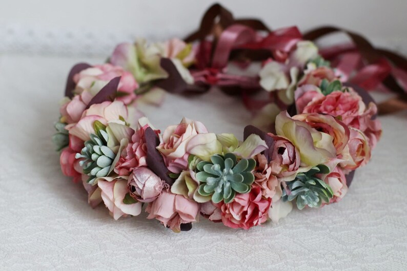 Succulent eucalyptus bridal flower crown burgundy dusty rose peonies hydrangea