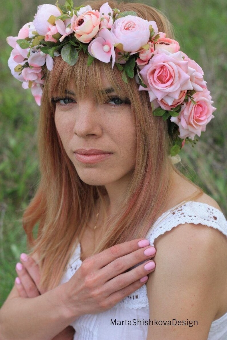 Flower wedding crown bride gently pink summer girl boho rustic