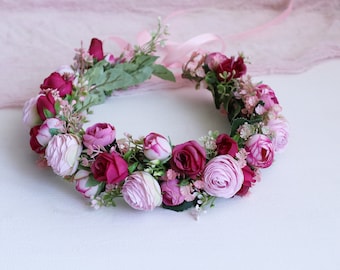 Pink flower crown Fuchsia flower crown Wedding flower crown rose Bridal flower crown Flower girl crown Maternity crown Peony flower crown