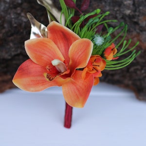 Boutonniere Orchid Orange  Burgundy Tropical Greenery Wedding Flowers Groom Boutonniere Bridesmaid Wrist Corsage Hair Comb Prom Bridal Party