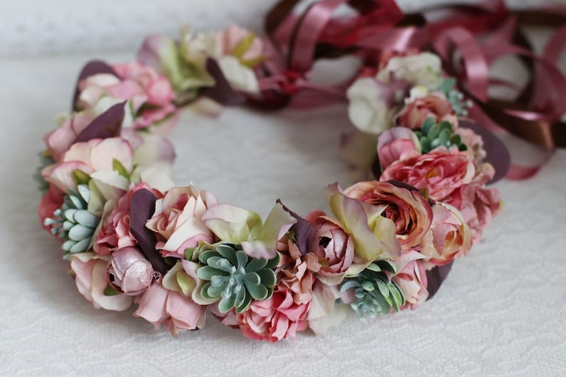 Succulent eucalyptus bridal flower crown burgundy dusty rose peonies hydrangea