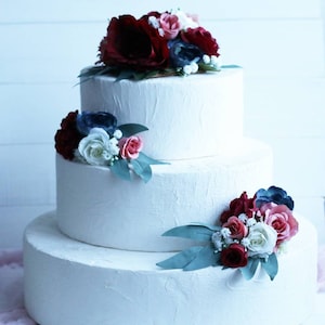 Blue Burgundy Floral Cake Topper: Boho Wedding Flower Decoration