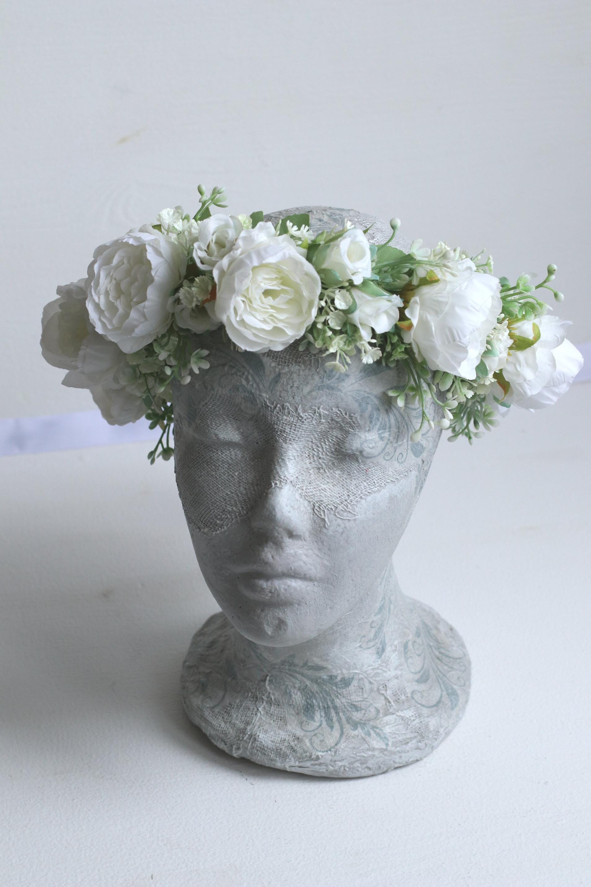 White Peony Flower Crown: Bridal Floral Halo, First Communion Headpiece